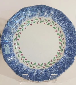 Antique Pearlware Blue Spatterware Holly Berry Plate 8.5 Inch c. 1820 - Picture 1 of 13
