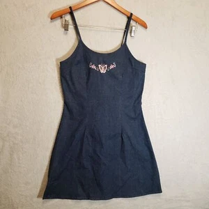 Y2K Denim Dress Embroidered Butterflies Flowers Mini Dress Lace up Open Back - Picture 1 of 9