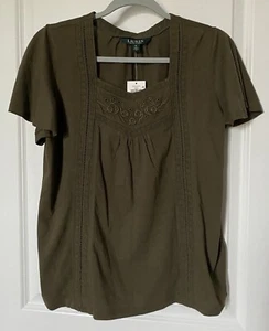 NWT Lauren Ralph Lauren Women’s Flutter-Sleeve Top T-Shirt Khaki green Sz M - Picture 1 of 12