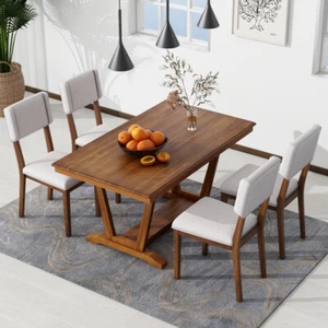 Rustic Dining Table Set 5PC 4 Upholstered Chairs, 59'' Rectangular Dining Table - Picture 1 of 19