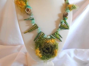 NEW UNIQUE BLUE GREEN BEADS, SHELLS, CROCHET 23 INCH NECKLACE.... .. NICE - Picture 1 of 5