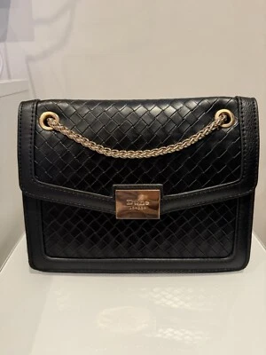 Dune London Small Size Black Woven Design Flap Over Ring Gold Chain Bag - Image 1 of 4