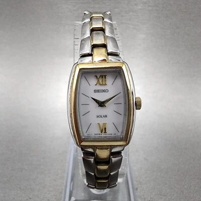 Seiko Solar Watch Women 18mm White Dial Two Tone Rectangle V115-0AA0 Works - Image 1 of 4