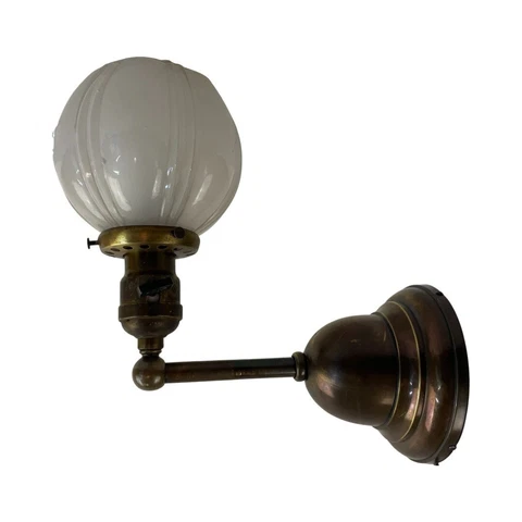 Antique Vintage c1910 Brass Sconce Fluted Round Glass Shade Restored Cover