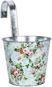 Runder Blumen Topf mit Haken und Rosen Muster aus Zink Metall zum Hängen - Bild 1 von 2