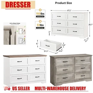 6-Drawers Dresser Double Storage Wood Dressers Chests of Drawers for Bedroom - Picture 1 of 50