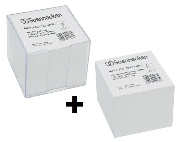 SOENNECKEN Zettelbox transp. + Notizwürfel Zettelblock Notizklotz weiß 9,7 x 9,7cm 1440 Bl.