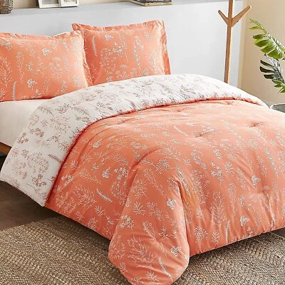 Coral Orange Botanical Plants Reversible 3 pc Comforter Set Twin Full Queen King - Image 1 of 4