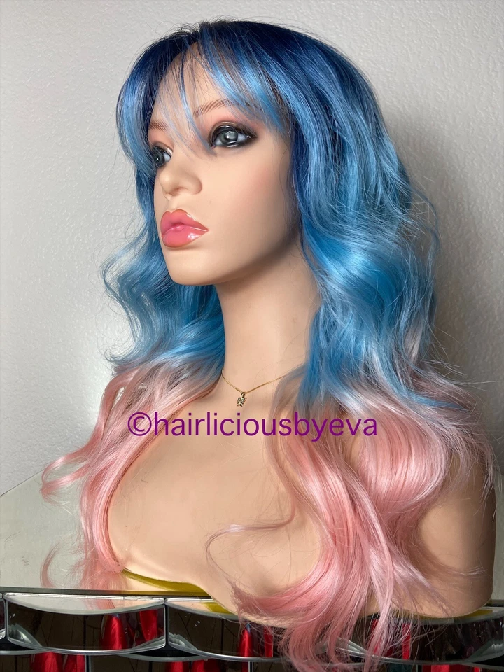 Peluca Pastel Arco Iris Ombré Bangs Azul Claro Rosa Encaje Frontal 20” Largo Calor Ok Foto 1 de 4