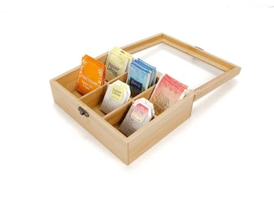 Teekiste aus Bambus mit Glasdeckel Teebox 6 Fächern Tee Aufbewahrung Teebeutel - Bild 1 von 4