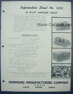 Hammond 30 Watt Amplifier Circuit Operating Instructions/Schematic/Parts Sheet - Picture 1 of 1