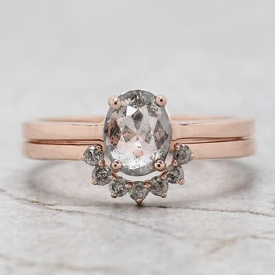 0.74 Ct Oval Cut Salt And Pepper Diamond Ring 14K Rose Gold Engagement Gift Ring - Image 1 of 4