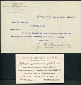OSWEGO, NY ~ J. B. FARWELL & CO., Plaster & Cement ~ LETTERHEAD & CARD 1892 - Picture 1 of 1