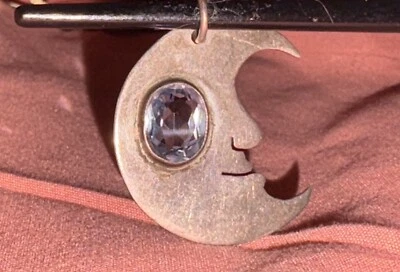Conjunto de Moldura Vintage Crescente “Homem na Lua” PRATA Berloque Pingente Gema Azul - Imagem 1 de 4