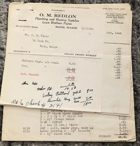 1942 Plumbing Heating Invoice Bath Maine O.M. Redlon Vintage Original Handwrite - Picture 1 of 7