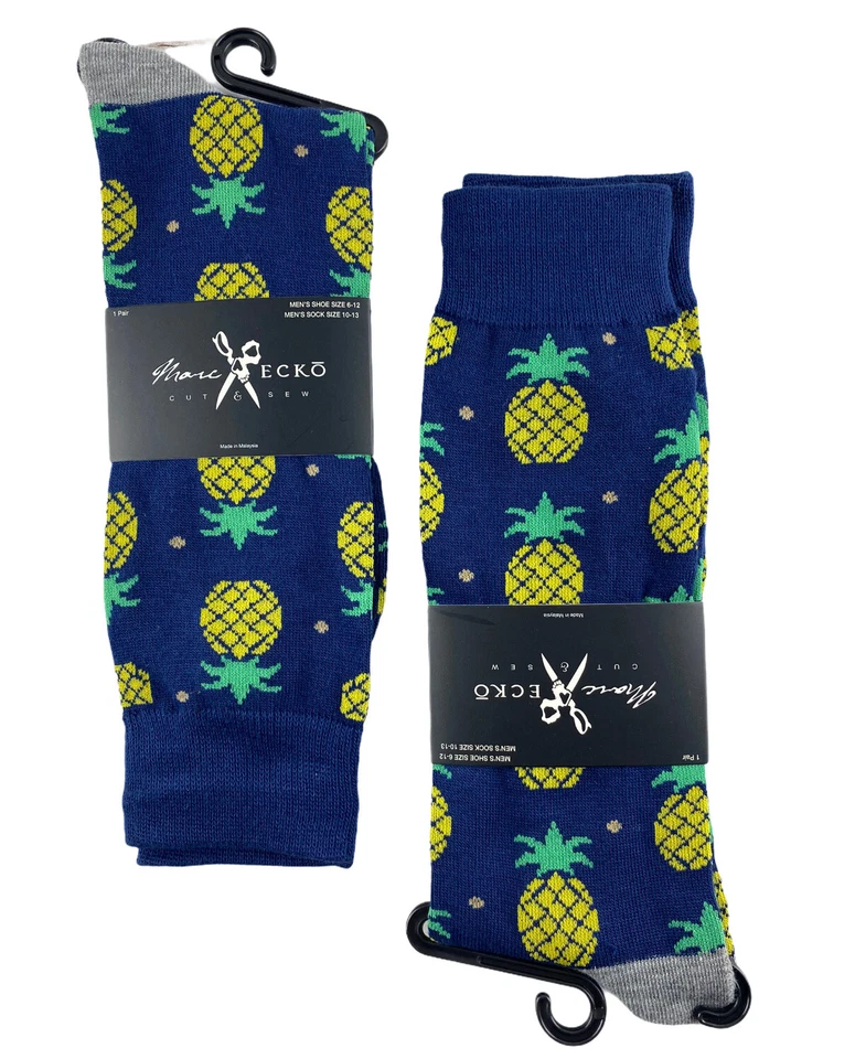 2 Pair Marc Ecko Mens Novelty Crew Socks Blue With Yellow Pineapples