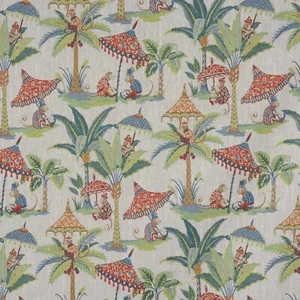 Exotic Monkey Parasol Linen Fabric Print Curtains Upholstery Per Metre - Picture 1 of 6