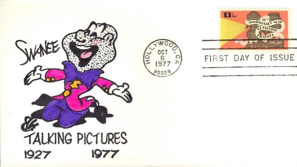 USA HAND PAINTED RICHARD ELLIS ANIMATED FDC 1977 TALKING PICTURES + CACHET - Image 1 of 1