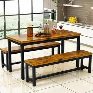 Farmhouse Kitchen Dining Table Set For 4 With 2 Benches Rustic Breakfast Nook - Picture 1 of 5