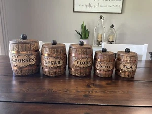 5 Vintage Treasure Craft Ceramic Canister Set Cookie Jar Copper Band Barrel MCM - Picture 1 of 23
