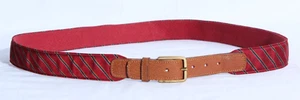 Vintage 80s Trafalgar size 38 Leather Red & Blue Silk Belt - Picture 1 of 8