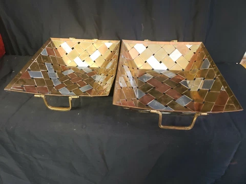 Unique Metal Nesting Basket Woven Weave Tray Copper Brass Silver Straps Handles Cover
