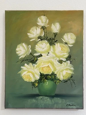 Vintage Original Oil Painting On Canvas Signed Beautiful Roses Floral 20x16 - Image 1 of 4
