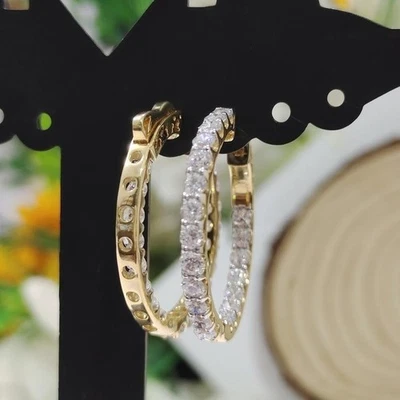 VVS1 Moissanite Inside Outside Hoop Earrings 3 Ctw Round 14K Yellow Gold Plated - Image 1 of 4