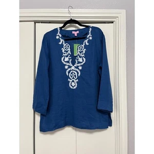 Lilly Pulitzer Amelia Island Tunic Embroidered Details Indigo Blue Size L - Picture 1 of 6