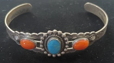 Vintage Native American Turquoise & Coral Sterling Silver Cuff Bracelet 6 3/4” - Image 1 of 4