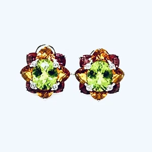 Krementz Peridot Rhodolite Garnet Citrine Diamond 750 18k Gold Pierced Earrings - Picture 1 of 19