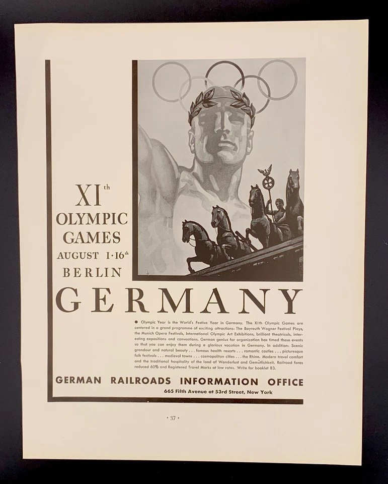 Original 1936 Berlin, Germany Olympic Games Ad by German Railroad Office - Image 1 of 1