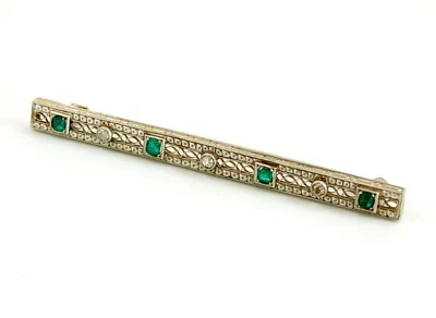 Antique 18K White Gold Emerald and Diamond Art Deco Filigree Bar Pin Circa 1930 - Image 1 of 4