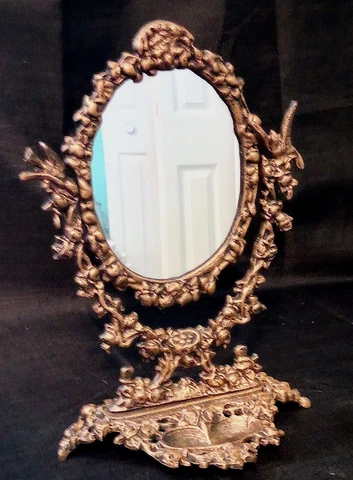 Vintage Vanity Table Cast Iron Oval Victorian Gold Bronze Mirror & Trinket Dish Cover