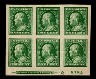 383 SUPERB CENTER PREVIOUSLY HINGED PLATE BLOCK OF 6, GUM TICS - Image 1 of 2