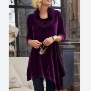 Soft Surroundings Cowl Neck Velvet Tunic Size M Purple Asymmetrical Pullover EUC - Picture 1 of 11