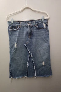 Lucky Brand Denim Skirt Size 8 Medium Wash A-Line Distressed Raw Hem - Picture 1 of 12