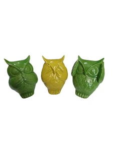 3er Set Keramik Eulen Hören Sehen Sprechen Nicht Böses (2 grün ~ 1 Chartreuse gelb) - Bild 1 von 24