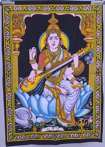 Indian Lord Saraswati Print Black Tapestry Decor Poster Wall Hanging Throw Mat - Picture 1 of 4