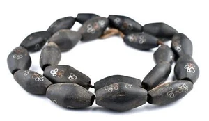 Mauritanian Inlaid Ebony Wood Bicone Beads 34x20mm African Black Large Hole - Picture 1 of 3