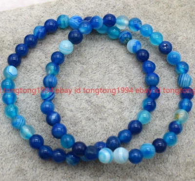 Atemberaubende 2Stück 6/8/10mm Blaue Streifen Achat Edelstein Perlen Armband - Bild 1 von 4