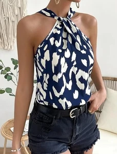 Neu Damenbluse Leopardenmuster ärmellos Twist Knoten Neckholder Small - Bild 1 von 5