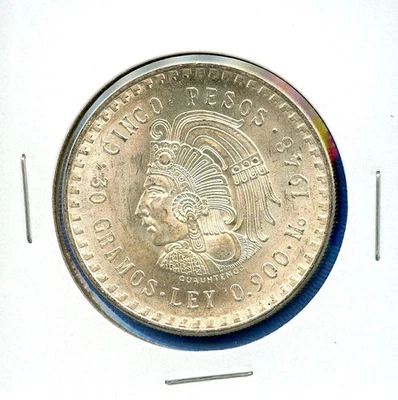 Moneda de plata Cuauhtémoc de 5 pesos de México 1948 #79 BU MS sin circular Foto 1 de 3
