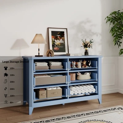 6 Drawer Dresser For Bedroom Furniture Storage Cabinet Large Chest Drawers Blue - Image 1 of 4