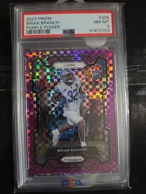 2023 Panini Prizm Brian Branch #328 Purple Power PSA 8 /49 - Image 1 of 4