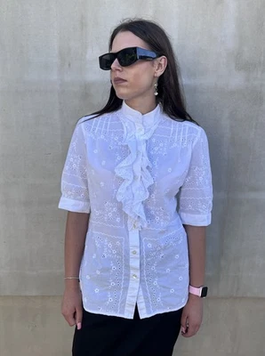 Blusa para mujer Dolce & Gabbana blanca con ojales de algodón con volantes delanteros talla 42 Foto 1 de 4