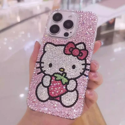 Bling Rhinestones Strawberry Cat Case for iPhone 17 16 15 14 13 12 11 X Pro Max - Image 1 of 4