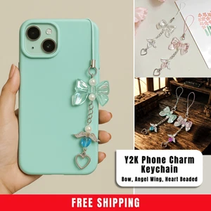 Y2K Phone Charm Keychain – Cute Bow Angel Wing Heart Beaded Strap Gift Girls - Photo 1 sur 9