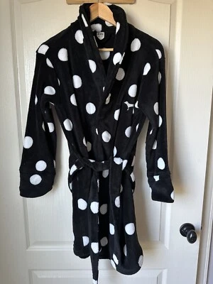 Victorias Secret PINK Womens XS/S Black/White Polka Dot Plush Soft Robe - Image 1 of 4