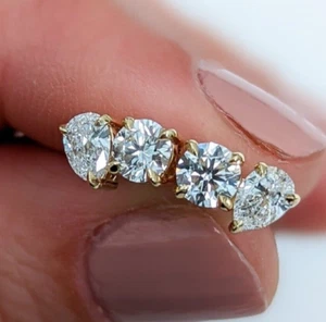 Toi Et Moi Earrings Pear & Round Moissanite 2 Stone Earrings Dainty Stud For Her - Picture 1 of 3